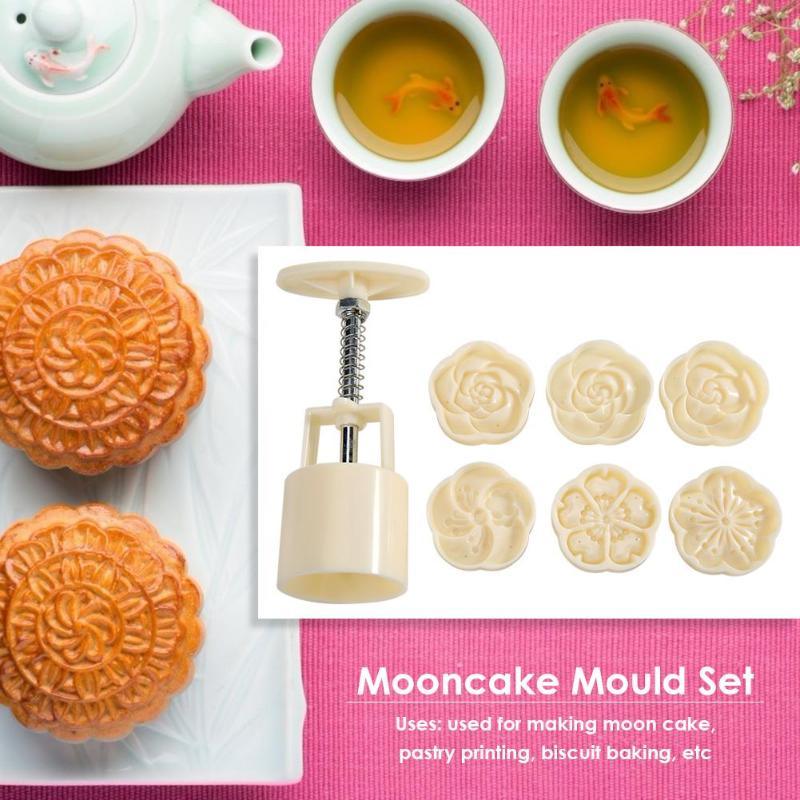 6pcs/set Flower Shaped Mooncake Mold Cake Mold Hand Pressure Fondant Moon Cake Decorating Tools Cookie Cutter Baking Tool Moon Cake Mold With 6 Stamps Flowers Design Hand Pressure Fondant Decoration Cookie Cutter