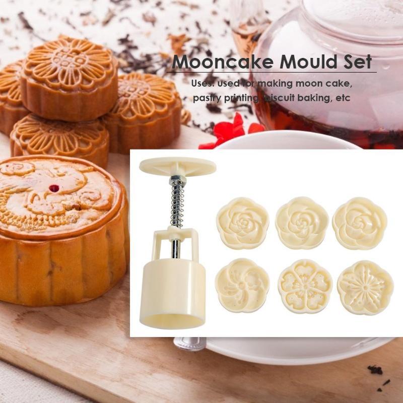 6pcs/set Flower Shaped Mooncake Mold Cake Mold Hand Pressure Fondant Moon Cake Decorating Tools Cookie Cutter Baking Tool Moon Cake Mold With 6 Stamps Flowers Design Hand Pressure Fondant Decoration Cookie Cutter