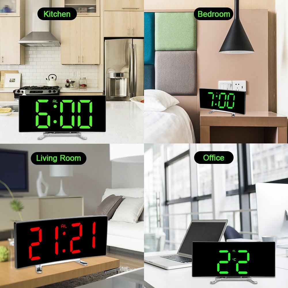 7 Inch LED Digital Desktop Alarm Clock Curved Dimmable Table Clock Table Alarm Clock 7 Inch Curved Dimmable LED Electronic Digital Desktop Clock for Kids Bedroom Large Number Table Clock Mirror Luxury For Kids Bedroom Home Decors