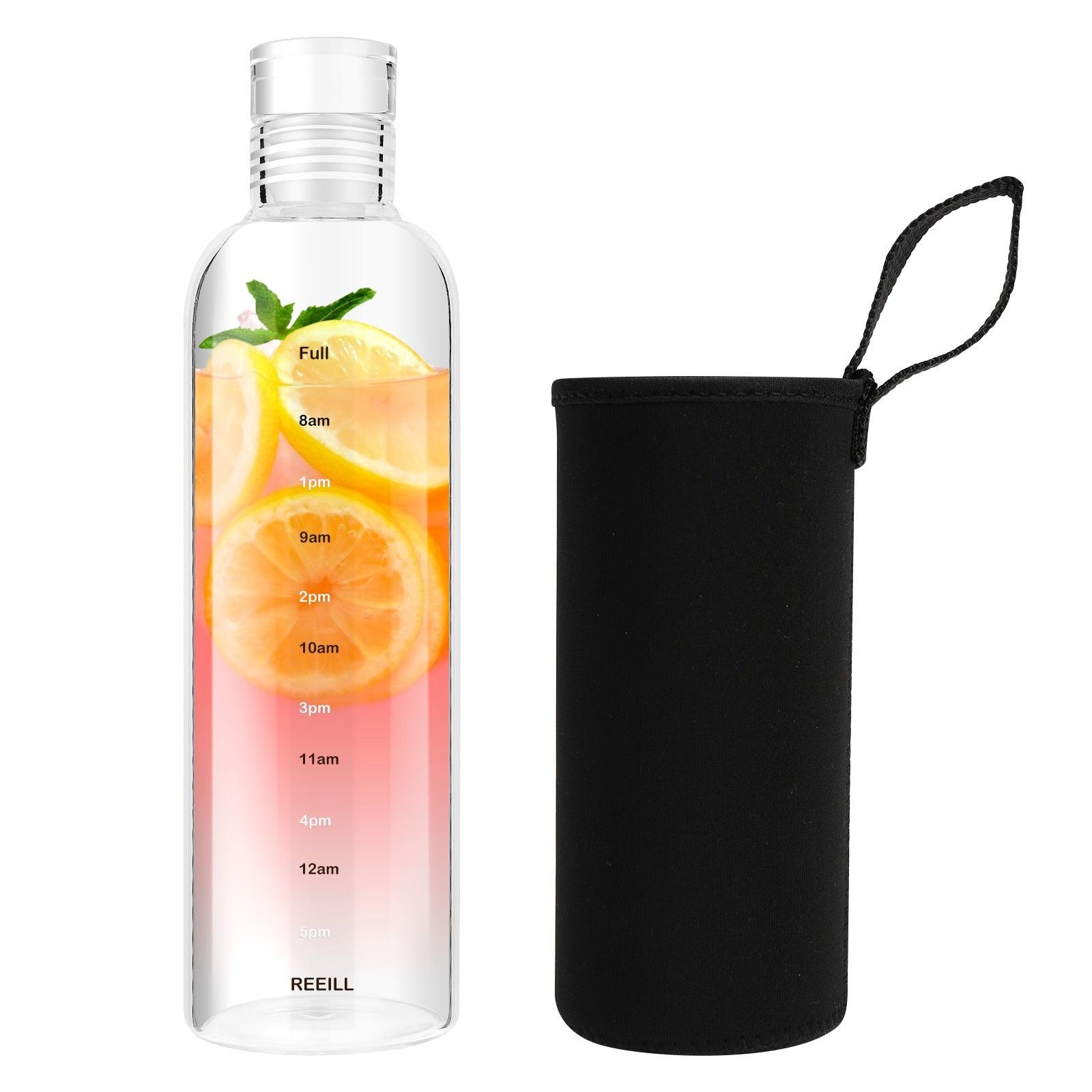 750ml Large Capacity Glass Water Bottle With Time Marker Cover For Water Drink Transparent Milk Juice Simple Cup Birthday Gift Sport Grey Glass Bottle Glass Bottle with Hourly Time Marker Leak Proof Reusable Water Bottle