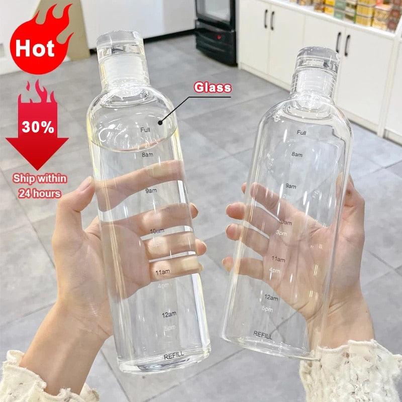 750ml Large Capacity Glass Water Bottle With Time Marker Cover For Water Drink Transparent Milk Juice Simple Cup Birthday Gift Sport Grey Glass Bottle Glass Bottle with Hourly Time Marker Leak Proof Reusable Water Bottle