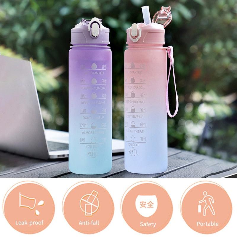 900ML Girl  Water Bottle Large Capacity Straw Cup Motivational Sports Water Bottles Time Marker Leak-proof  Fitness Drinking Large Capacity Water Bottle with Straw Time Scale Reminder Leakproof Gradient Space Cup for Outdoor Sports Fitness For Sports