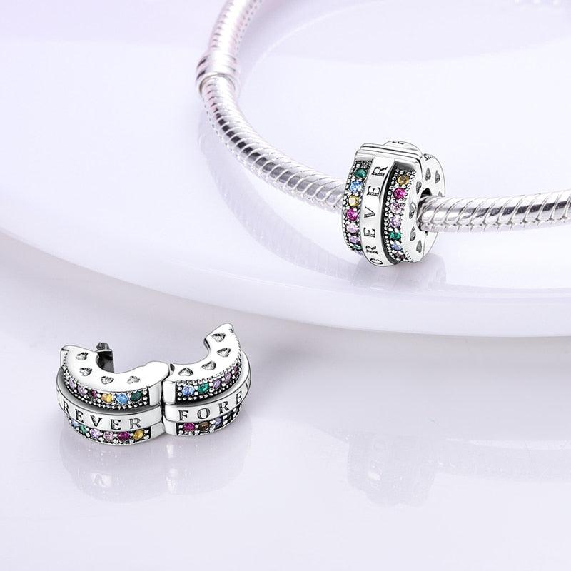 925 Sterling Silver Clear Pave Clip Charm Safety Chain Zircon Beads Fit Original Bracelets Women Jewelry Making Bead Charm Jewelry for Charms Bracelets for Women