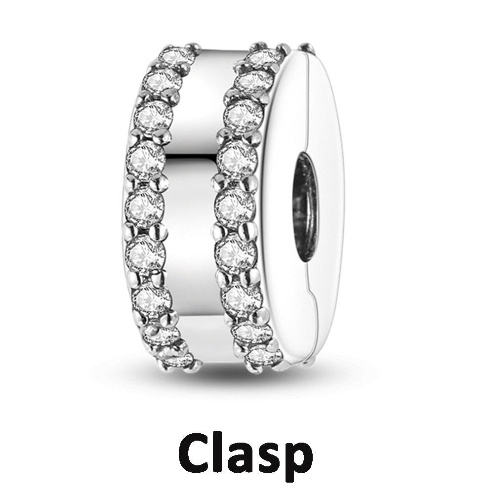 925 Sterling Silver Clear Pave Clip Charm Safety Chain Zircon Beads Fit Original Bracelets Women Jewelry Making Bead Charm Jewelry for Charms Bracelets for Women