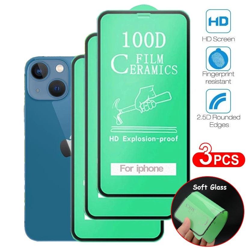 3PCS 100D Ceramic Protective Glass For iPhone 14 13 12 Mini 11 Pro XR XS Max X 8 7 Plus SE 2020 Soft Screen Protector Film Series Tempered Glass Screen Protector