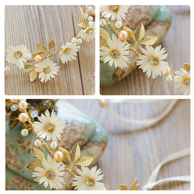 Bride Wedding Hair Accessories Pearl Floral Crown Bride  Hairband Floral Hair Leaf Vine Pearl Headpiece Hair Ornament Crown Daisy Headband Women's Flower Headband With Ribbon Crown Floral Headband Hair Accessory