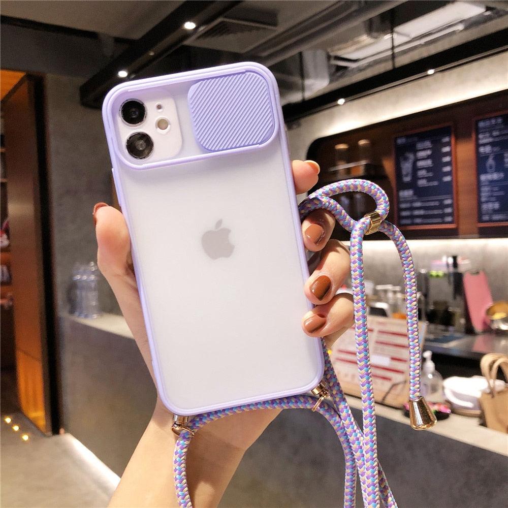 Camera Lens Protection Candy Color Phone Case  For iPhone 14 13 12 11 Pro Necklace With Long Rope Lanyard Cover Camera Lens Protector Translucent Soft Edges Colorful Transparent iphone Cover