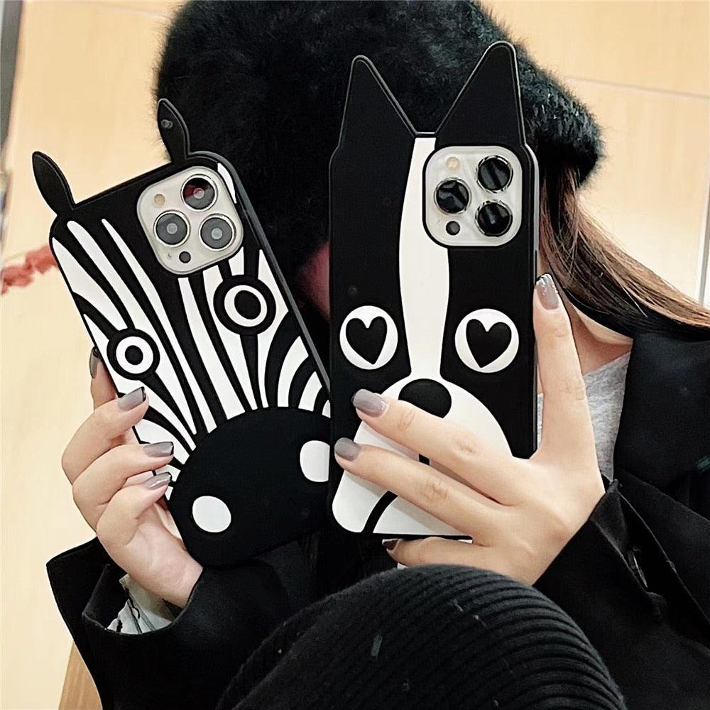 Cute 3D Little Ear Silicone Phone Case For Iphone 13 Pro Max X Xr Xs 11 12 Pro Max Cartoon Dog 3D Cartoon Puppy Black And White Color Cute Cover