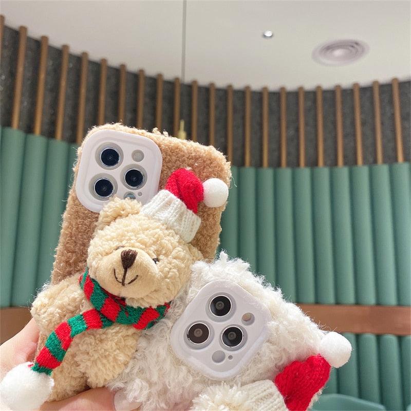 Cute Fluffy Santa 3D Teddy Bear Plush Christmas Case For Iphone 13 12 11 Pro Xs Max X Xr 7 8 Plus Se3 Shockproof Soft Cover  Super Soft Winter Warm Funny Rabbit Ears Faux Fur Plush Fluffy Cover