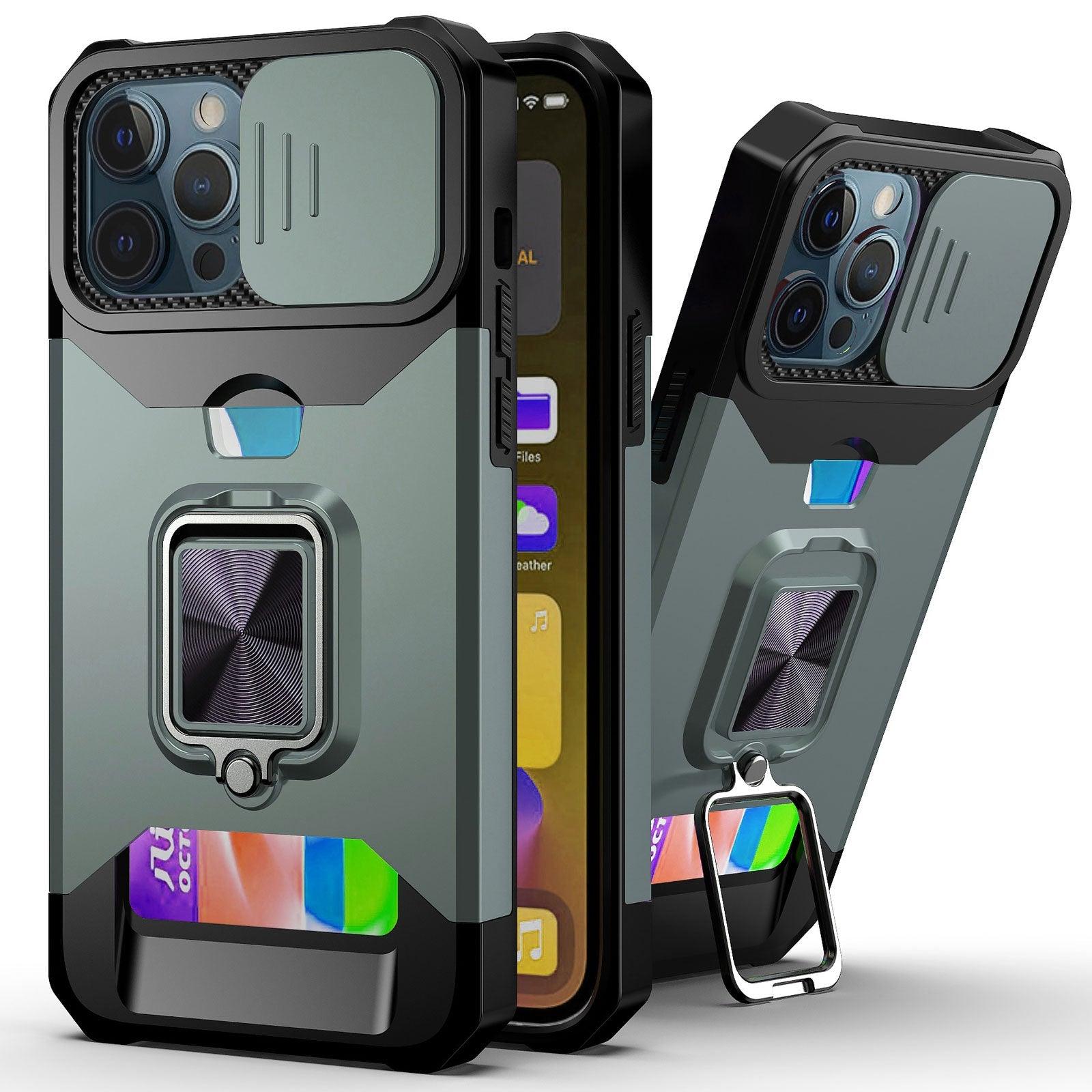 Slide Camera Cover Kickstand Card Wallet Case for iPhone11 X XS 8  Shockproof Protective Phone Case  Wallet Case for iPhone With Sliding Camera Case With Kickstand Magnetic Adjustable Ring Holder