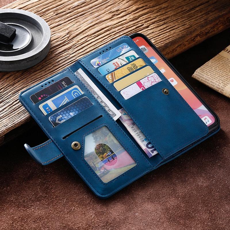 Business Blue New Cards Flip Leather Case For iPhone 14 13 12 11 Pro Max 10 X 6 6s 7 8 Plus XR XS Max Multifunctional Wallet Phone Case  Multi-Card Wallet Leather iphone Case