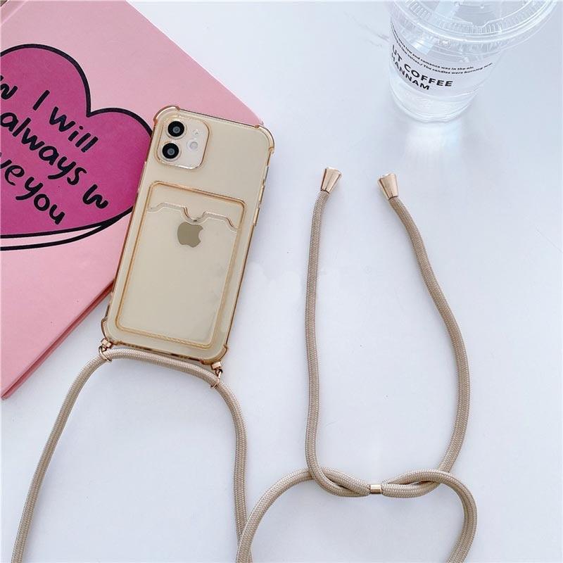 Transparent Wallet Case for iPhone 13 12 11 Pro Xs Max Shockproof Card Crossbody Lanyard Rope Strap Cover Transparent Soft Case Necklace Phone Cover Colorful Case & Adjustable Strap