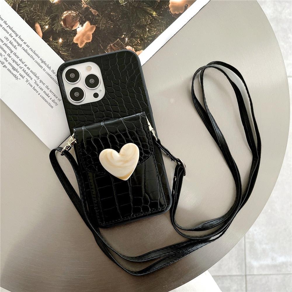 Attractive Luxury Love Black Lanyard Phone Case for iPhone 12 13 Mini 7 8 Plus 11 Pro Max X XS XR Cover Handbag Case with Card Holder Lanyard Adjustable Strap Cover For iPhone