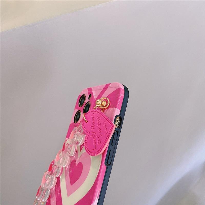 Cute Heart Chain Cute Case Luxury 3D Love Heart Wristband Girl Soft Case For iPhone 14 13 11 12 Pro Max 7 8 Plus Xr X Xs Silicone Phone Cover  Cute Case Luxury Hearts Case Camera Cover Protective Soft Slim Girly Case Designed for iPhone