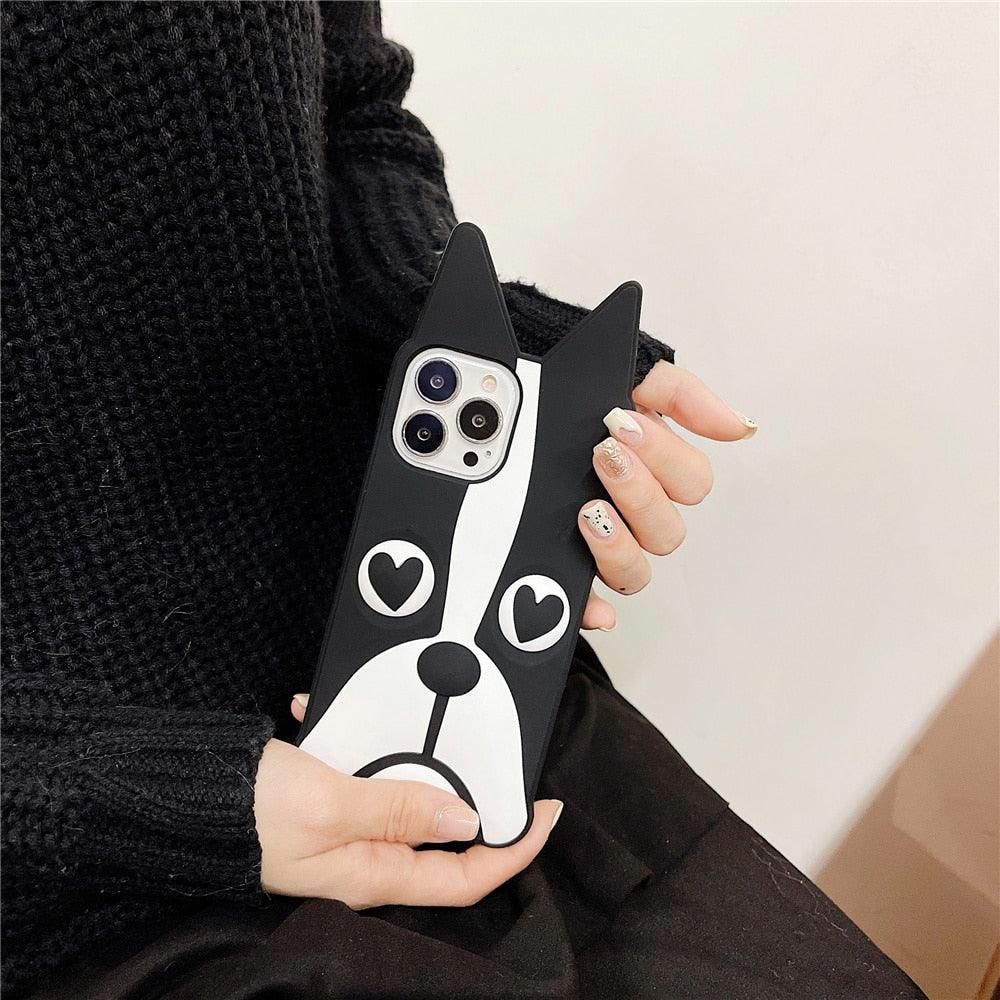 Cute 3D Little Ear Silicone Phone Case For Iphone 13 Pro Max X Xr Xs 11 12 Pro Max Cartoon Dog 3D Cartoon Puppy Black And White Color Cute Cover