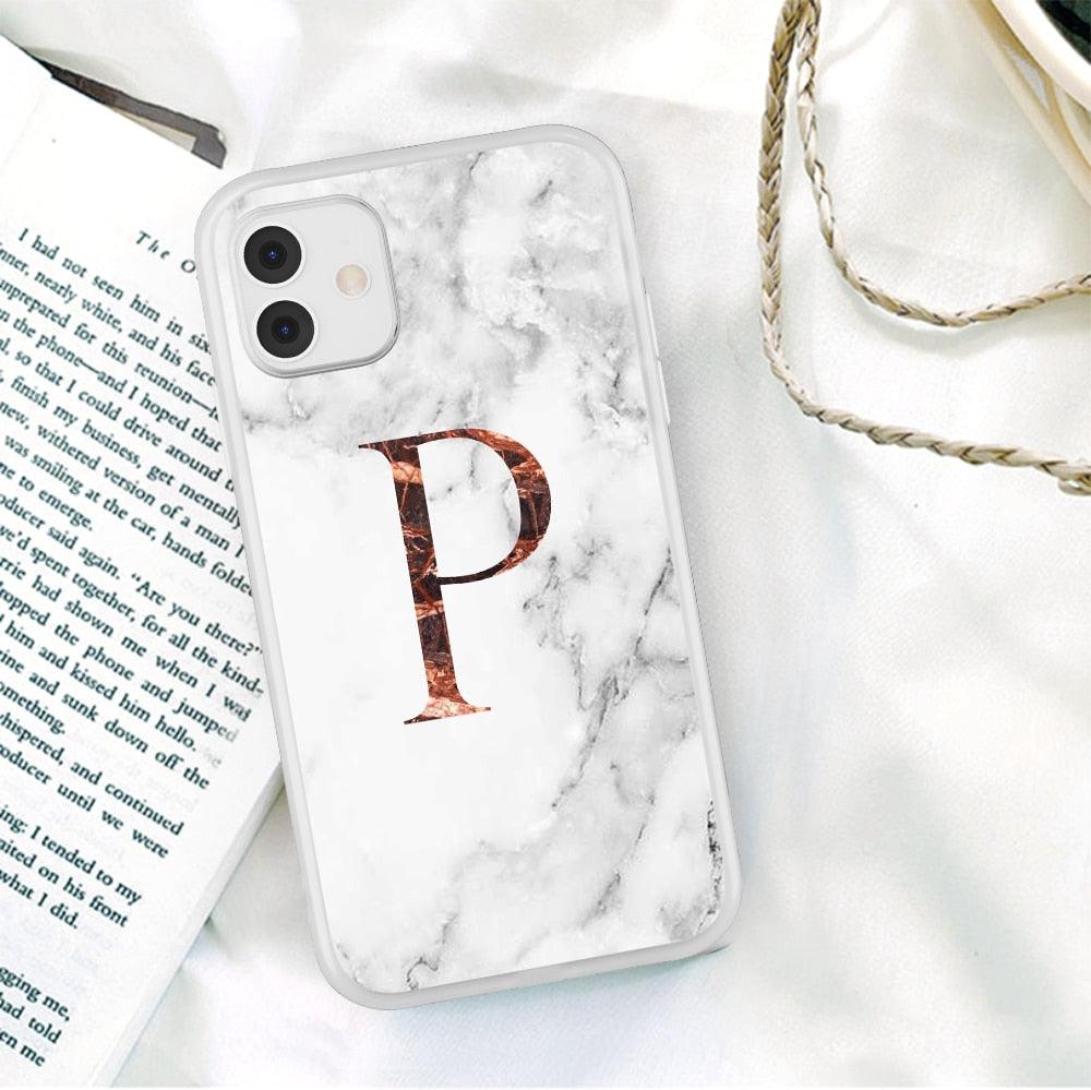 White A-Z Marble Texture Phone Cover For Iphone 12 Mini Soft Silicone Back Case Solid Name Phone Case Luxury Screen Camera Protection Shockproof Soft Cover