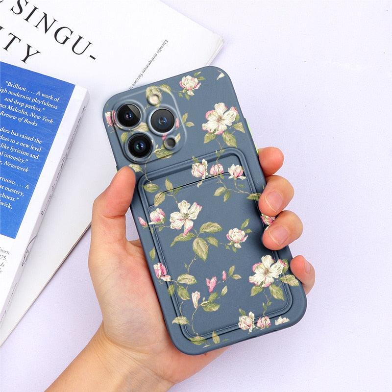 Charming Silicone Soft Anti-Scratch Cases For iPhone 13 Pro Max Case Silicone Wallet Card Holder Cover For iPhone 13 Mini 13ProMax 13Pro Flower Butterfly Beautiful Design Card Holder iPhone Case