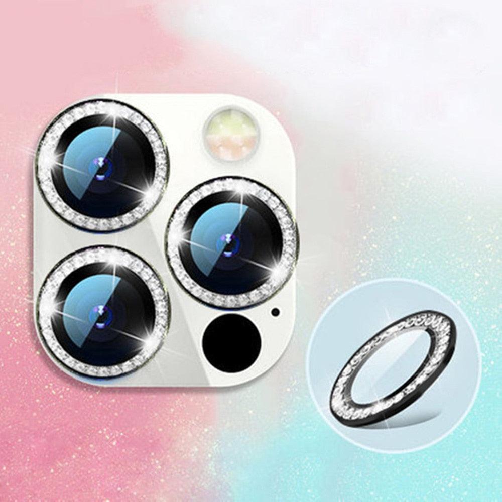 2023 New Diamond Bling Metal Ring Glass Protective Cap For iPhone 14 13 12 11 Pro Max Mini Camera Lens Circle Protector Paste Tempered Glass Camera Cover Camera Lens Protector