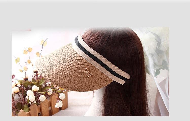 Vintage Women's Sun Hats Handmade Straw Visor Caps Fashionable Adult Sun Beach Top Hats Cute Bowknot Design Fashion Summer Women's Casual Caps Straw Hats Parent-Child Summer Hat Empty Top Beach Hat