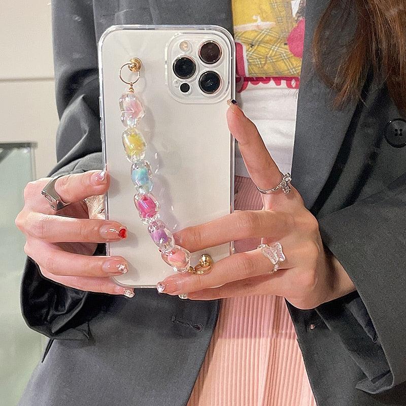 Multicolored Cute Love Heart Bracelet Wrist Chain Case for iPhone 14Pro Max 12 11 XR X XS 7 8 plus Clear Soft Back Cover for iPhone 13 Transparent Love Chain Bracelets Phone Case for iPhone Modern Heart Shaped Bracelet Phone Case