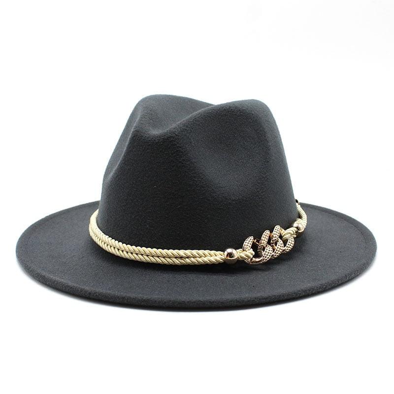 White Elegant Wide Brim Simple Hat Summer Women Lady Retro Wide Brim Hat Charming Fedora Hat Solid Color Fedoras Hat With Chain Men Women Cotton Comfortable Jazz Cap 56-58cm