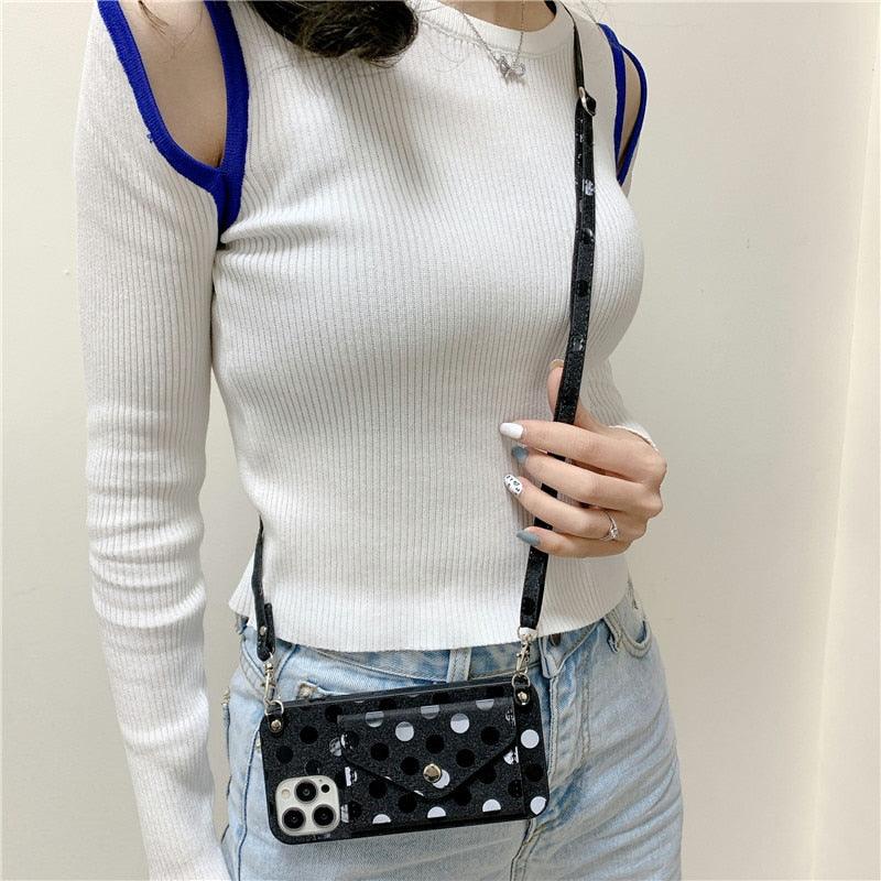 Luxury Little Dots Wallet Shoulder Strap Phone Case For iPhone 14 14Pro Max 13 12 Mini 11 Pro XSXR 7 8 Plus Leather Wallet Case with Card Holder Neck Strap Wrist Strap Pocket Cover