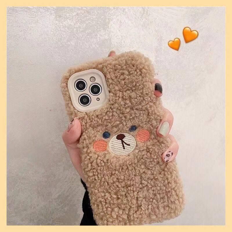 Cute Brown Bear Plush Phone Case For Iphone 14 11 12 13 Pro Max 7 8 X XS Max XR SE2 Autumn And Winter Shockproof Full Case Cover Cute Bear Animal Winter Warm Plush Fabric Phone Case