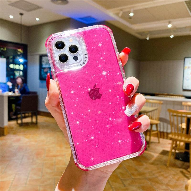 Shining Glitter Shockproof Bumper Phone Case For iPhone 13 12 11 14 Pro Max XR XS Max 13Pro 14 Transparent Soft Cover Cute Pink Glitter Design Transparent Shiny Shockproof Case For Women Girls