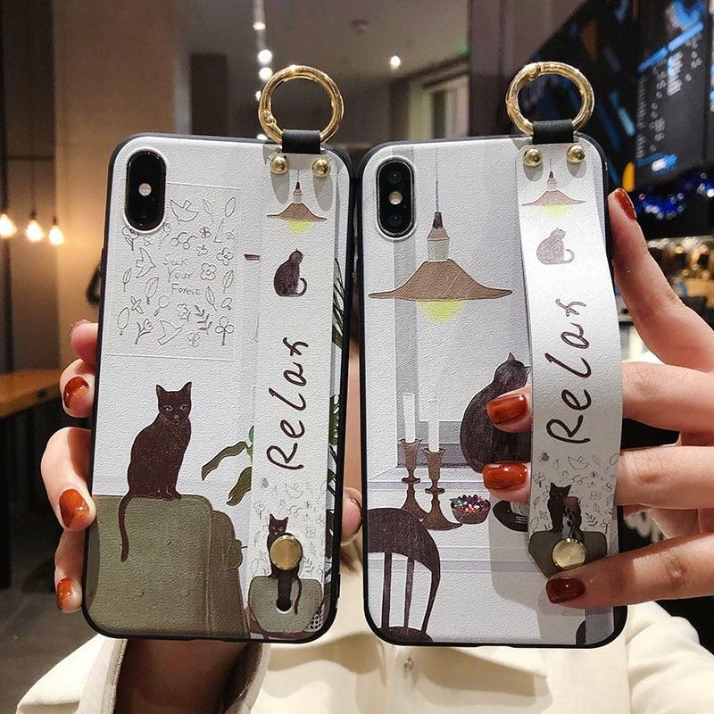 Cartoon Cute Cat Wrist Strap Soft Phone Case For Iphone 13 11 12 14 Pro Max X Xr Xs Max Se 2020 7 8 Plus 14plus Holder Cover Thanksgiving Cute Cats Silicone Case For Iphone