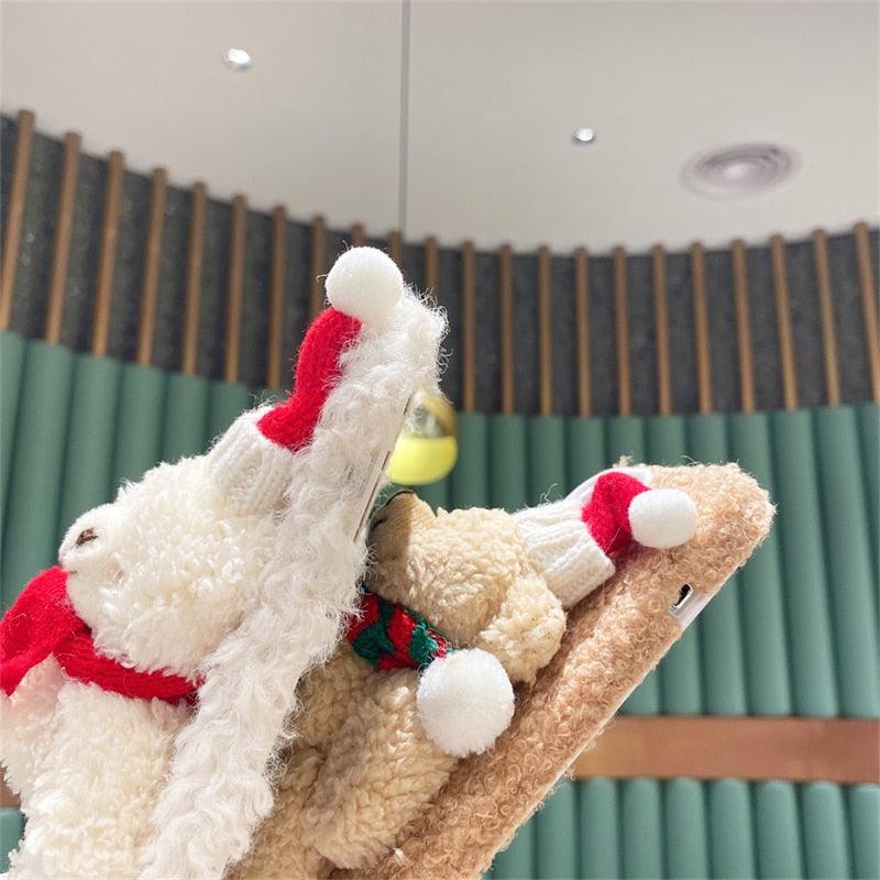 Cute Fluffy Santa 3D Teddy Bear Plush Christmas Case For Iphone 13 12 11 Pro Xs Max X Xr 7 8 Plus Se3 Shockproof Soft Cover  Super Soft Winter Warm Funny Rabbit Ears Faux Fur Plush Fluffy Cover