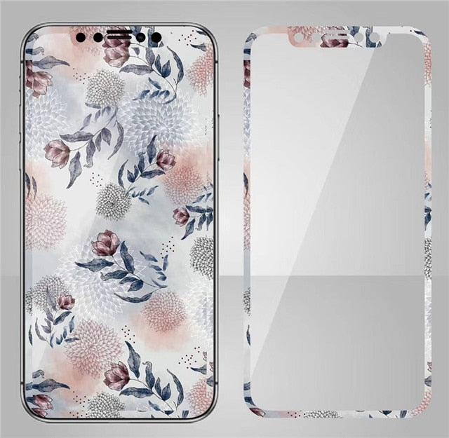 Fashion Sky Flowers Pattern Tempered Glass For iPhone 11 Pro Max Screen Protector Film for iPhone X XS XR XS Max 3D Full Cover Tempered Glass Screen Protector for iPhone