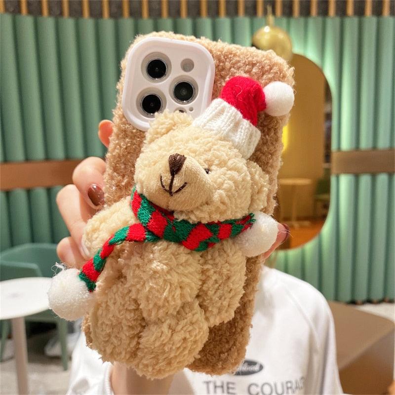 Cute Fluffy Santa 3D Teddy Bear Plush Christmas Case For Iphone 13 12 11 Pro Xs Max X Xr 7 8 Plus Se3 Shockproof Soft Cover  Super Soft Winter Warm Funny Rabbit Ears Faux Fur Plush Fluffy Cover