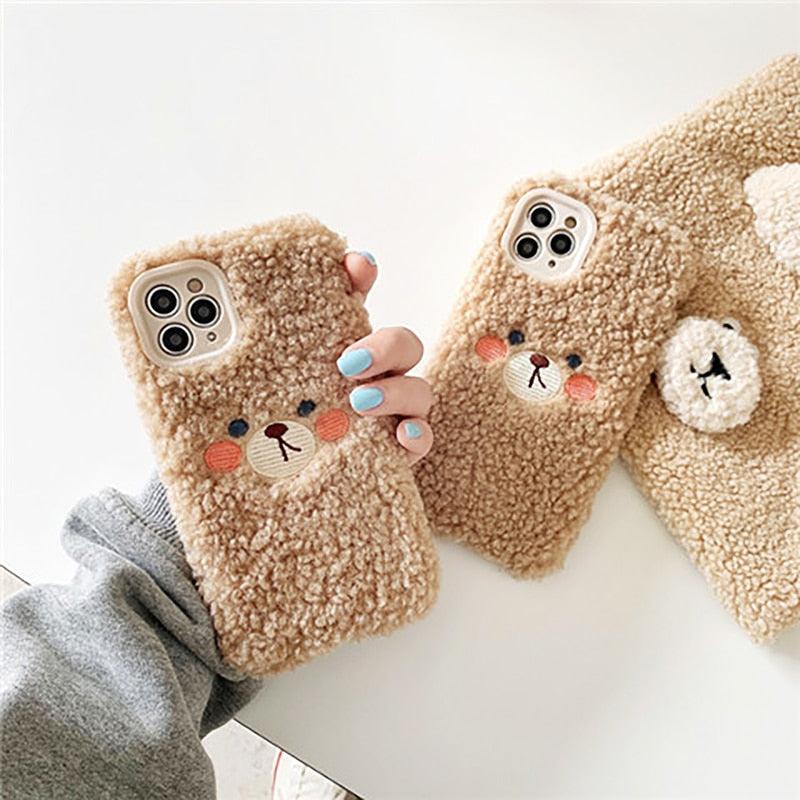 Cute Furry Fluffy Brown Bear Phone Case For iPhone 11 12 13 Pro Max 6 7 8 Plus X XS Max XR SE 2020  Winter Plush Warm Soft Cover  Autumn and Winter Shockproof Full Case Cover