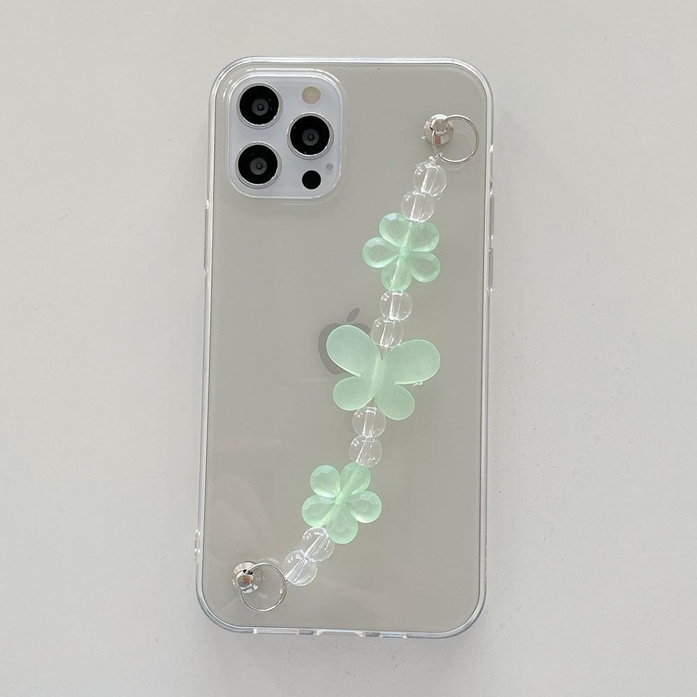 Butterfly Chain Flower Bracelet Chain Phone Case For iPhone 13 12 11 Pro XS Max X XR 7 8 Plus Cute Transparent Back Cover Phone Case For iphone 14Pro 12Mini 13 Pro 6 7 8 plus X XR XS Max SE Soft Fashion Bracelet Clear Protective Cover