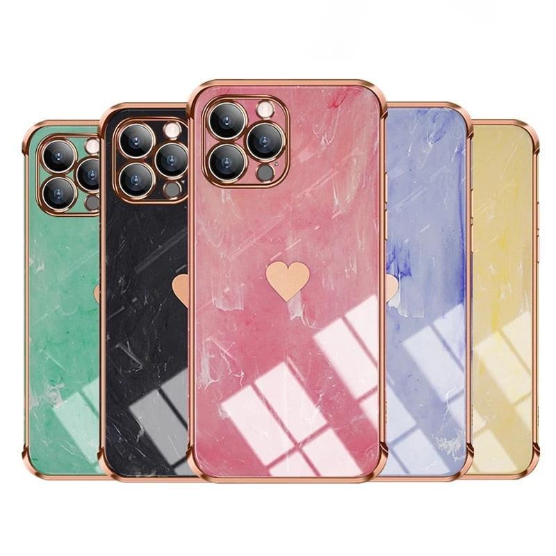 Luxury Shockproof Soft Case For iPhone 13 12 11 Pro Max XS XR X R 8 7 Plus iPhone12 12Pro iPhone11 Marble Texture Covers  Luxury Love Phone Case Cute Side Small Heart Pattern Soft Shockproof Full Lens Case for iPhone