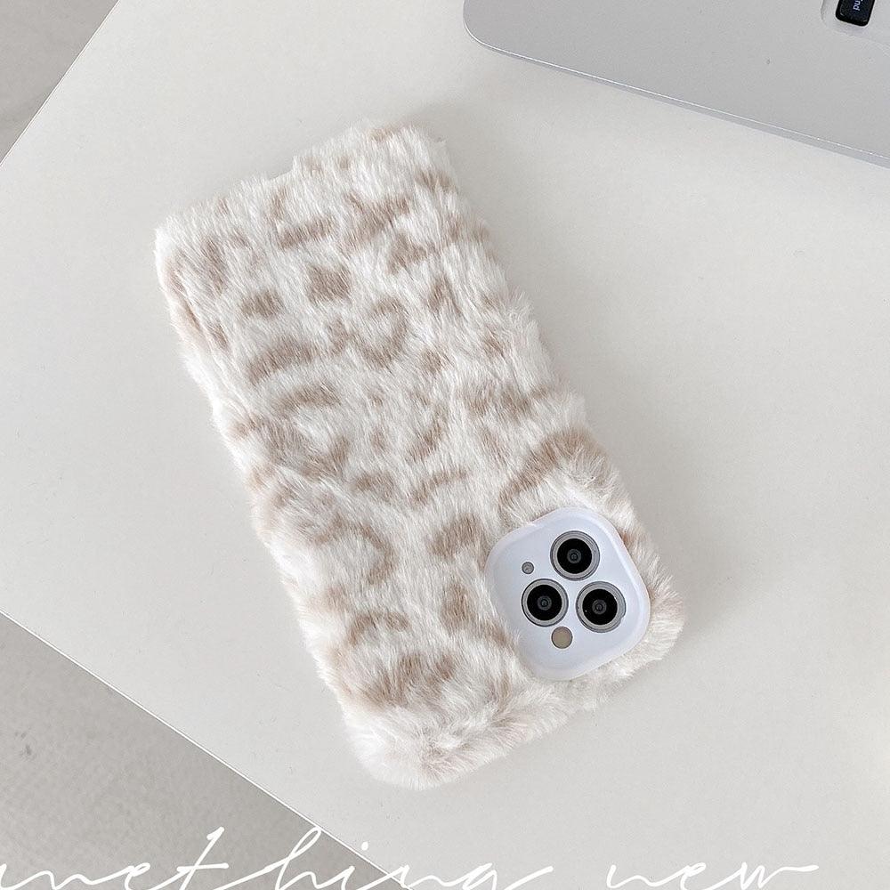 Fashion Fluffy Plush Leopard Camera Protection Phone Case For iphone 13 11 12 Pro MAX X XS XR Winter Warm Girl  Soft and Comfortable Case Unique Design Soft Cover