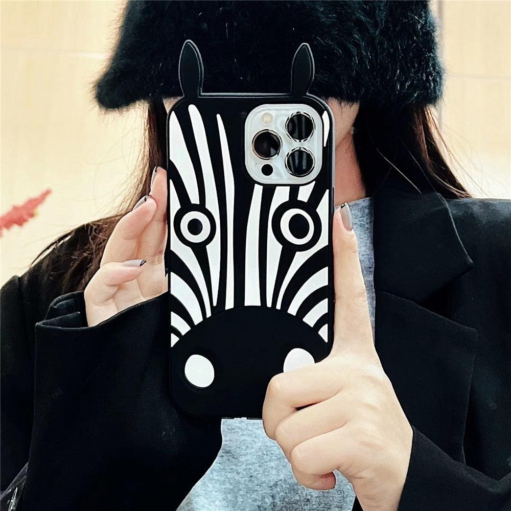 Cute 3D Little Ear Silicone Phone Case For Iphone 13 Pro Max X Xr Xs 11 12 Pro Max Cartoon Dog 3D Cartoon Puppy Black And White Color Cute Cover