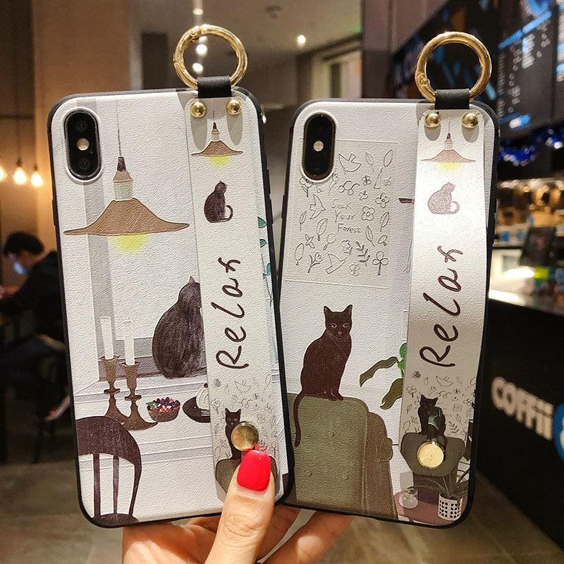 Cartoon Cute Cat Wrist Strap Soft Phone Case For Iphone 13 11 12 14 Pro Max X Xr Xs Max Se 2020 7 8 Plus 14plus Holder Cover Thanksgiving Cute Cats Silicone Case For Iphone