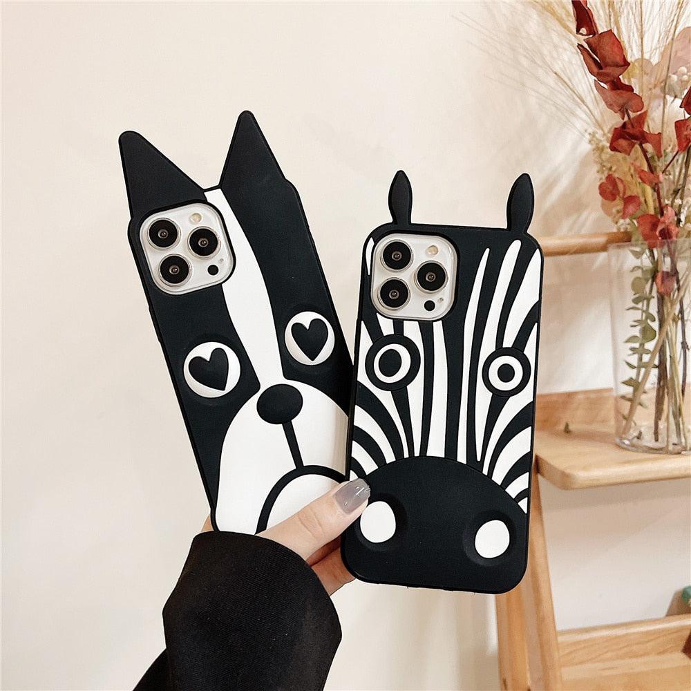 Cute 3D Little Ear Silicone Phone Case For Iphone 13 Pro Max X Xr Xs 11 12 Pro Max Cartoon Dog 3D Cartoon Puppy Black And White Color Cute Cover