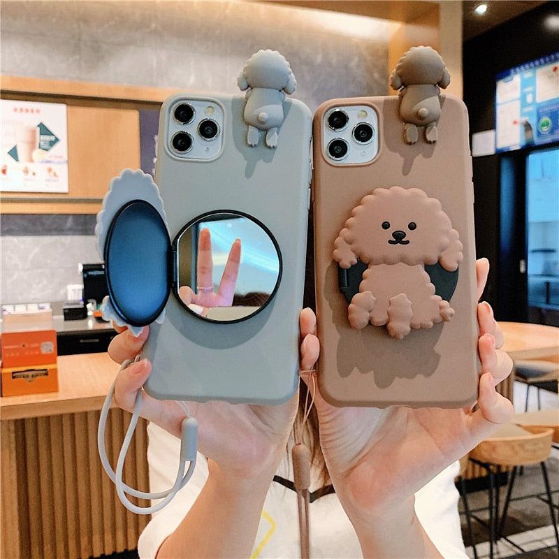 3D Cute Cartoon Dog Mirror Stand Phone Case For Iphone 13 Pro Max 12 11 Xr X Xs Max 5 6 7plus 8 Plus With Lanyard Cover Soft Durable Silicone Drop Protection Cover For Iphone