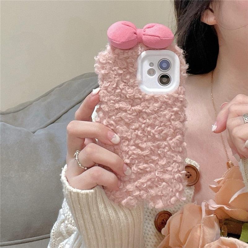 Fluffy Warm Cover Case For Iphone 13 12 11 Pro Xs Max X Xr Cases 3D Cartoon Bow Ear Furry Fluffy Warm Case For Iphone 7plus 8plus 12pro Phone Case