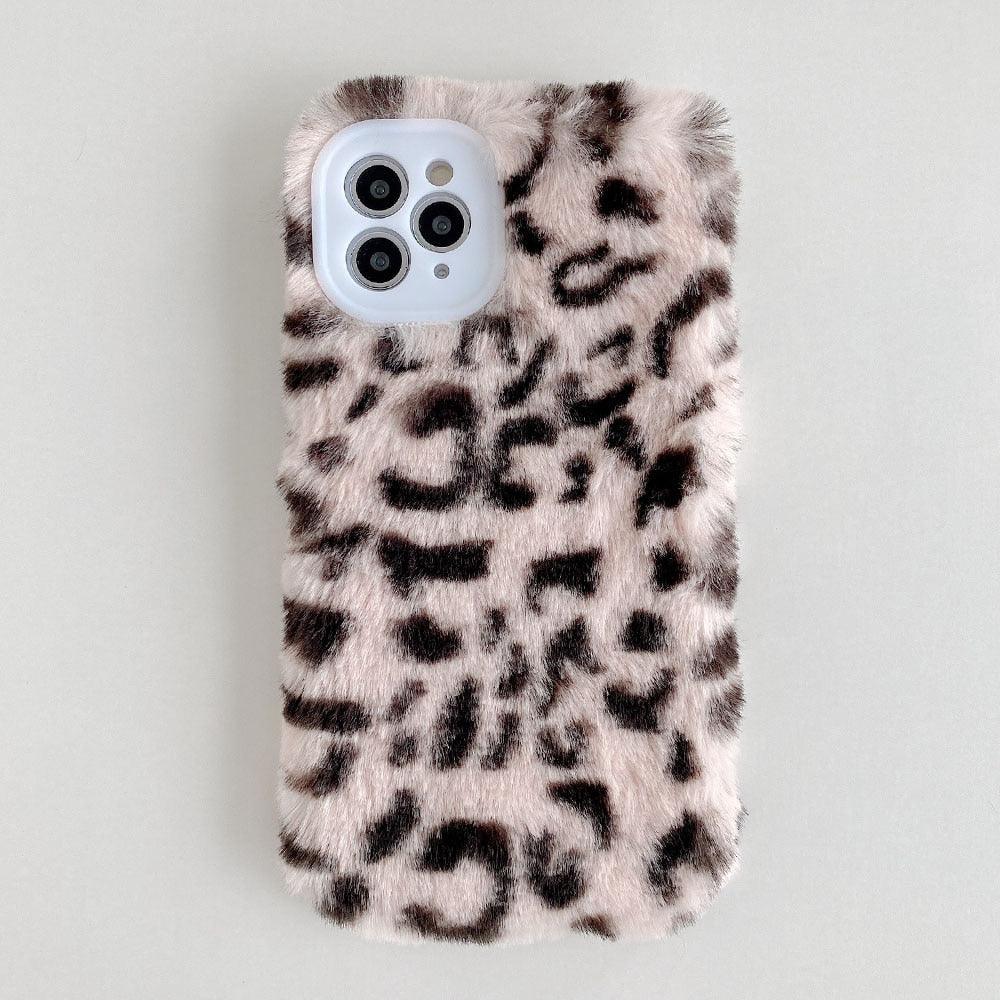 Fashion Fluffy Plush Leopard Camera Protection Phone Case For iphone 13 11 12 Pro MAX X XS XR Winter Warm Girl  Soft and Comfortable Case Unique Design Soft Cover