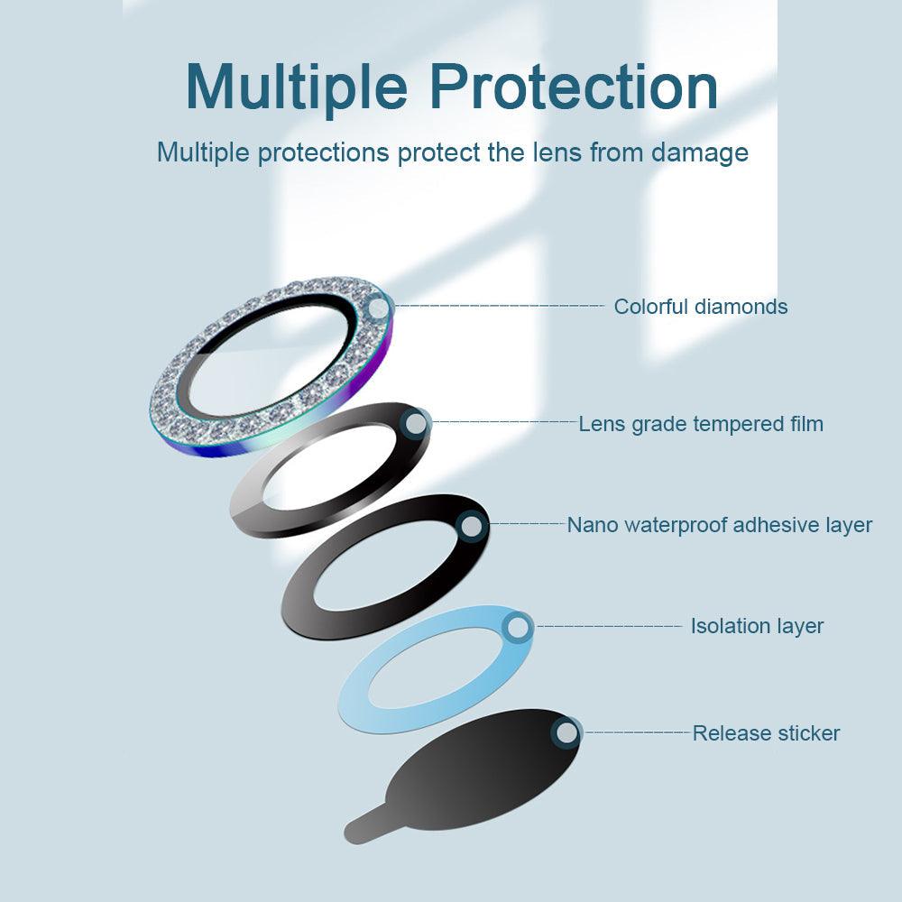 2023 New Diamond Bling Metal Ring Glass Protective Cap For iPhone 14 13 12 11 Pro Max Mini Camera Lens Circle Protector Paste Tempered Glass Camera Cover Camera Lens Protector