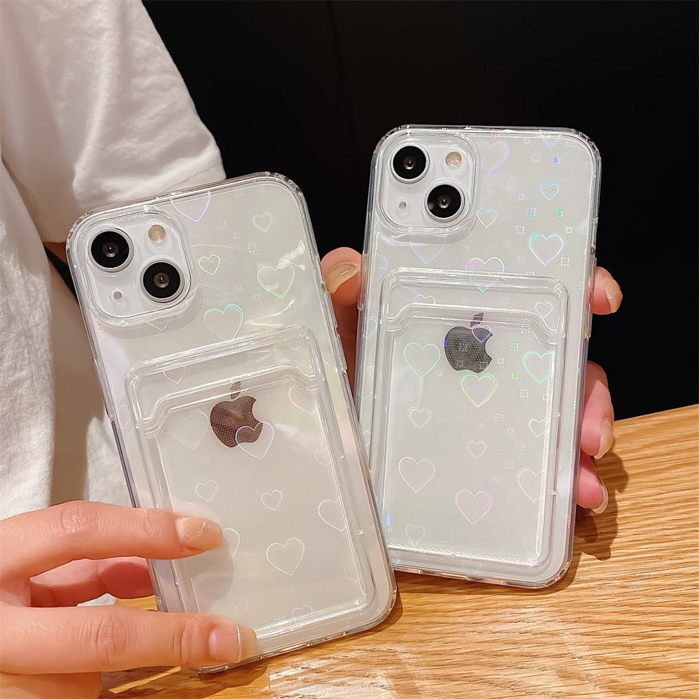 Colorful Transparent Holographic Love Heart Cute Case Transparent Gradient Love Heart Pattern Wallet Card Phone Case For iPhone 13 12 11 Pro Max X XR XS 7 8 6 Plus Minimalist Design Phone Case