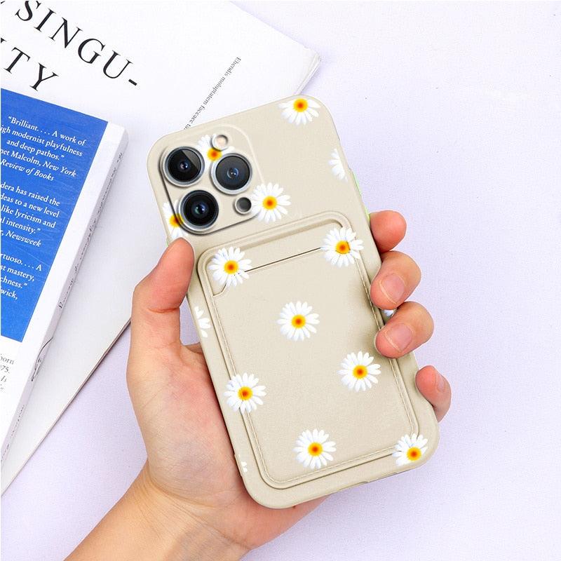 Charming Silicone Soft Anti-Scratch Cases For iPhone 13 Pro Max Case Silicone Wallet Card Holder Cover For iPhone 13 Mini 13ProMax 13Pro Flower Butterfly Beautiful Design Card Holder iPhone Case