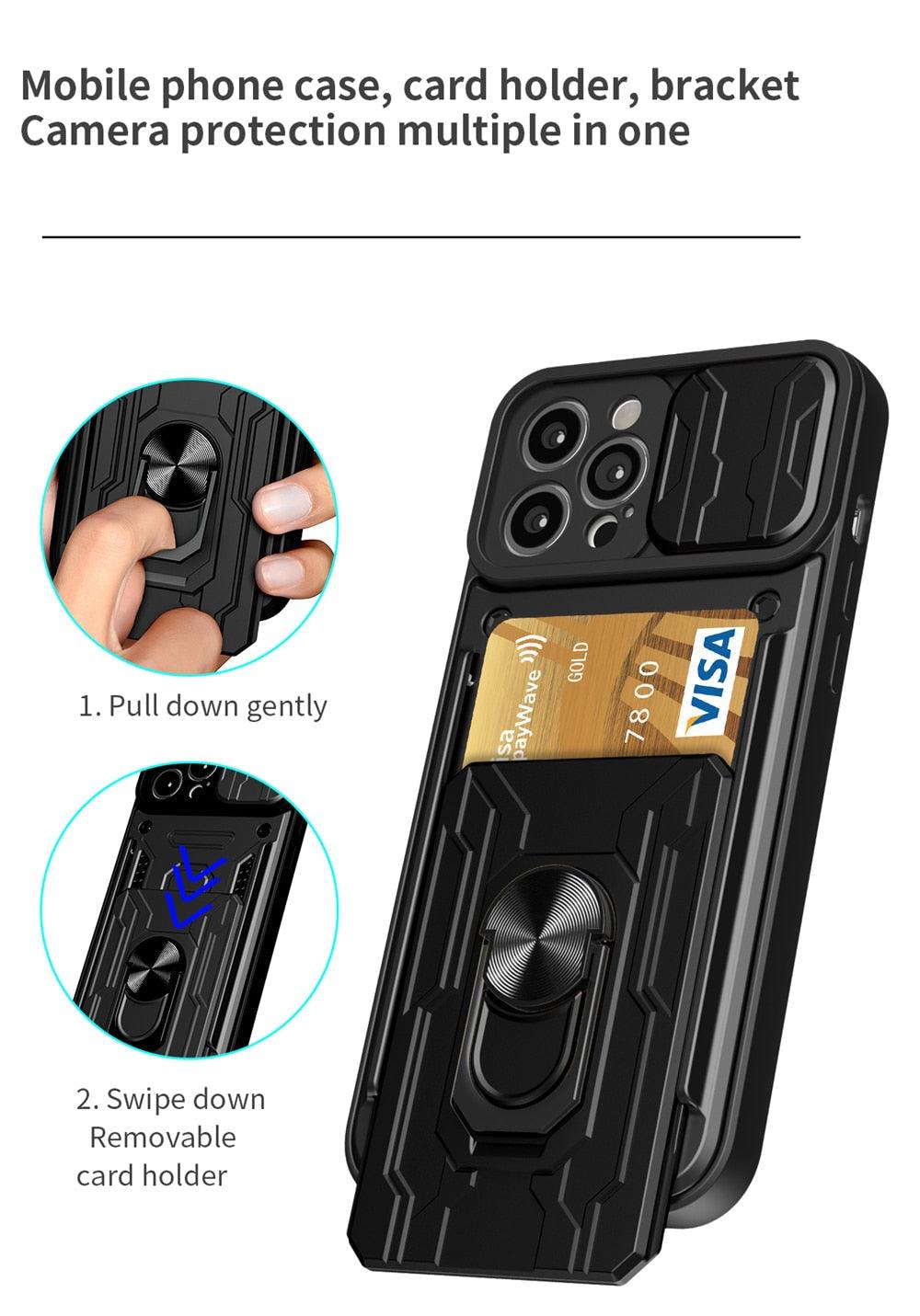 Shockproof Case for iPhone 13 12 11 Pro Max With Card Slot Ring Stand Camera Protection Phone Cover for iPhone XR XS Max Removable Card Holder Ring Holder Shockproof Protection Cover