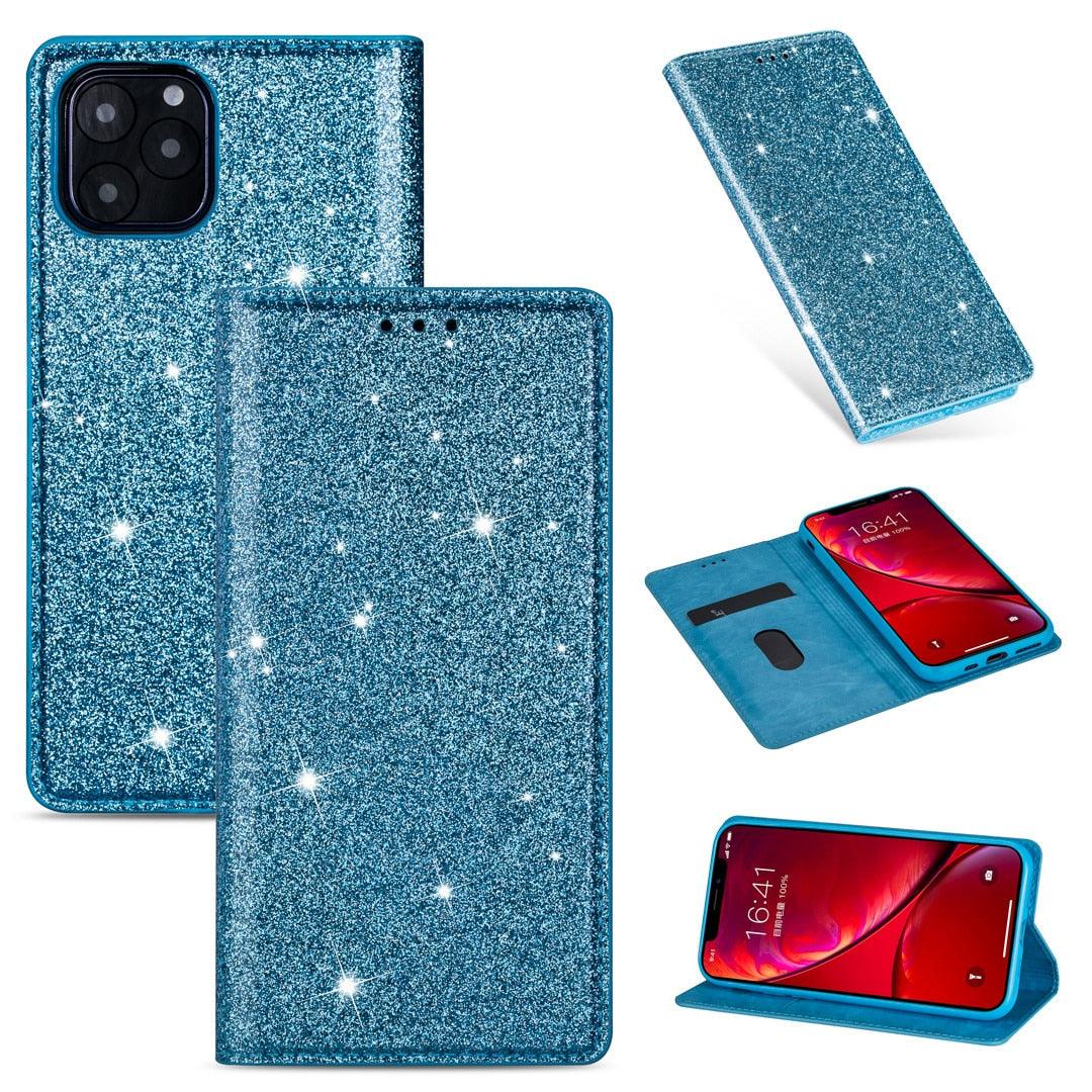 Glitter Leather Magnetic Flip Case for IPhone 14 13 11 12 Mini Pro Max Wallet Card Holder Cover Flip Shockproof Leather Wallet Case With Stand Silicone Bumper Cover