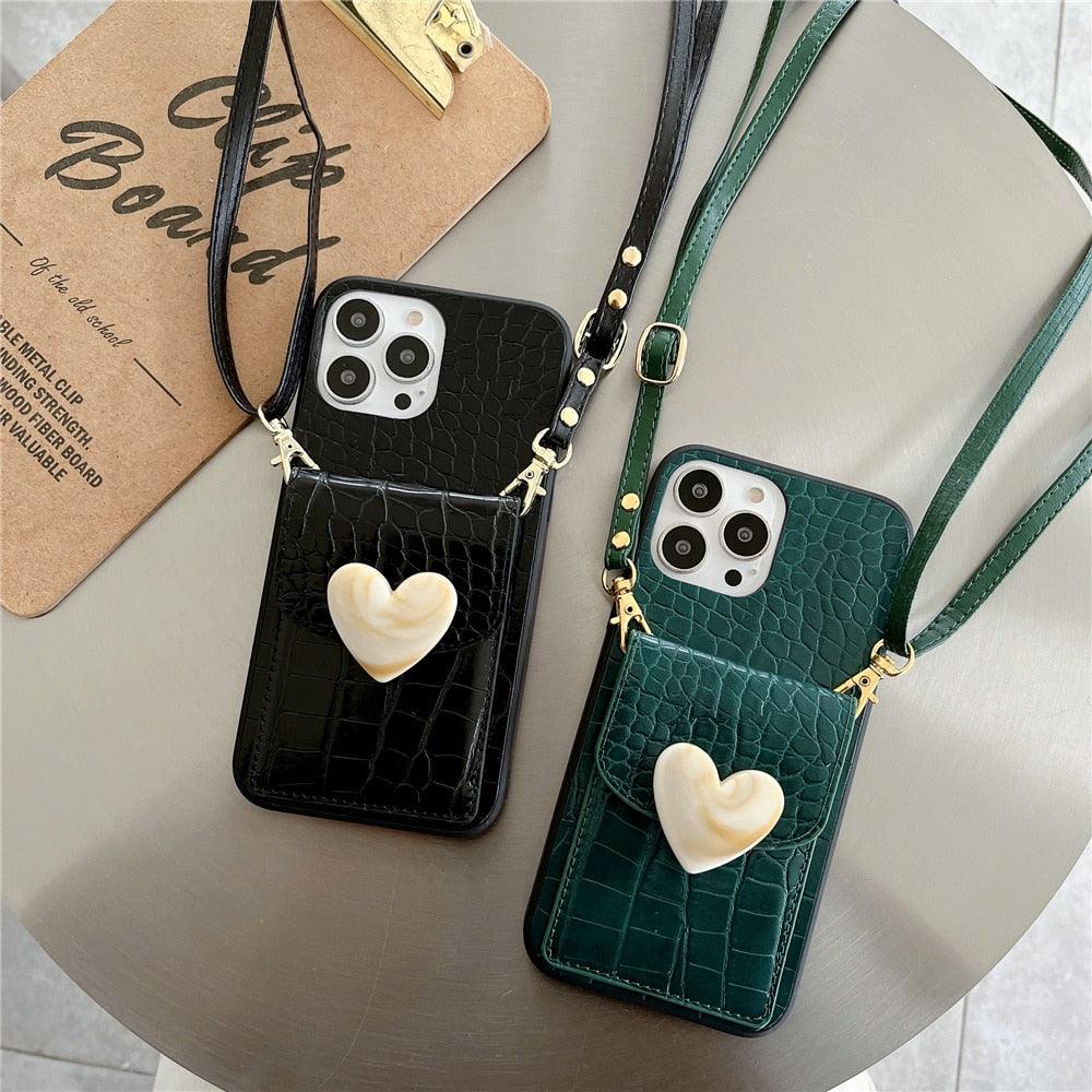 Attractive Luxury Love Black Lanyard Phone Case for iPhone 12 13 Mini 7 8 Plus 11 Pro Max X XS XR Cover Handbag Case with Card Holder Lanyard Adjustable Strap Cover For iPhone