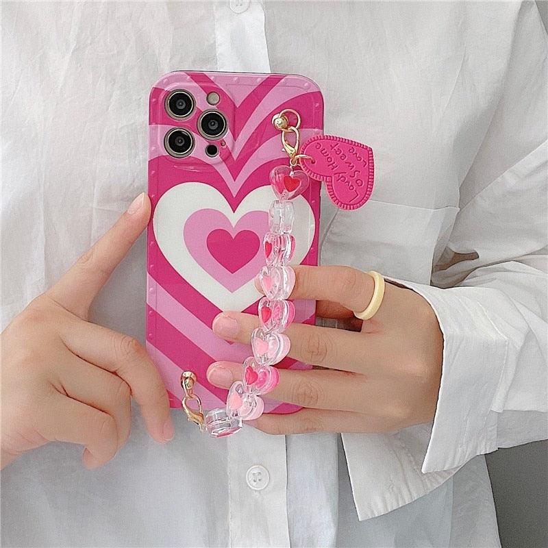 Cute Heart Chain Cute Case Luxury 3D Love Heart Wristband Girl Soft Case For iPhone 14 13 11 12 Pro Max 7 8 Plus Xr X Xs Silicone Phone Cover  Cute Case Luxury Hearts Case Camera Cover Protective Soft Slim Girly Case Designed for iPhone