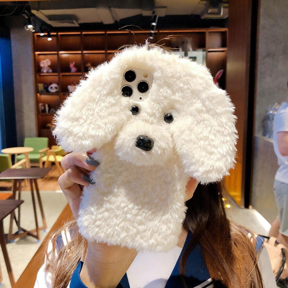 Fashion Luxury Cute Fuzzy Furry Wool Plush 3D Cute dog Plush fur phone Case For iphone 12 13 Mini 11 pro Max 6 6S 7 8 Plus X XR XS Winter Warm fur Soft Cover